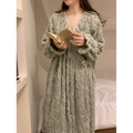 Thick coral fleece long-sleeve bathrobe in sage green with textured knit pattern - One Size / Green