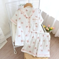 Detail of short sleeve cotton pajama set featuring pink heart prints and piping edges - White Heart