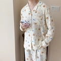 Heren pyjamaset in crèmewit met schattige berenprint van zachte katoenen gaasstof - Eén maat / Herenstijl