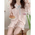 Bloemen chiffon pyjamaset met kanten kraag en blauwe strik versiering voor dames - Eén maat / Roze Bloemen