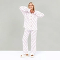 Women's two-piece white cotton pajama set with red heart print and long sleeves - S / White