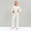 Women's white cotton pajama set with heart prints, long sleeve V-neck top and trousers - S / Apricot