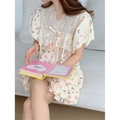 Camicia da notte floreale con ricami in pizzo bianco e dettaglio fiocco giallo - Taglia unica / Rosa Floreale