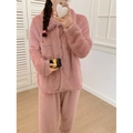 Set pigiama rosa in peluche a maniche lunghe con bottoni per il calore dell'inverno - Taglia unica / Rosa Antico