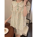 Completo pigiama con orsetto e strisce verdi con colletto in pizzo in stile cartone animato - Taglia unica / Verde