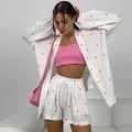 Set loungewear da donna 3 pezzi con stampa a cuori, camicia, top e shorts - S / Set da 3 pezzi / Rosa