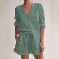 Sage green double layer gauze cotton pajamas set with long sleeve shirt and shorts - S / Sage Green