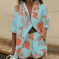 Completo donna 2 pezzi camicia e pantaloncini azzurri con stampa floreale arancione - S / Foglia tropicale blu