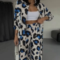 Women's 2-piece set with long sleeve animal print shirt and high waist wide leg pants - S / Blue