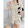 Set pigiama vintage beige da donna con stampa floreale, top con lacci e pantaloncini - Set