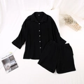 Pyjama femme noir en gaze de coton avec chemise à manches longues et short assorti - S / Haut Et Bas / Noir