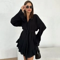 Black cotton crepe wrap set featuring long sleeve top and ruffled shorts in variant view - Black