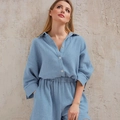 Ensemble détente bleu clair deux pièces avec chemise à manches longues et short gaufré - S / Haut Et Bas / Bleu clair