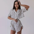 Damen Sommer Baumwolle Schlafanzug Set mit Leopardenmuster Kurzarmhemd und Shorts - S / Braun