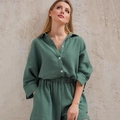 Ensemble pyjama vert sauge en crêpe de coton avec manches longues et short en tissu texturé - S / Haut Et Bas / Vert clair