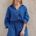 Ensemble détente deux pièces en crêpe de coton pour femme avec chemise et short bleu marine - S / Haut Et Bas / Bleu foncé