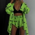 Neon green loungewear set with black graffiti print, long sleeve shirt and shorts - S / Green