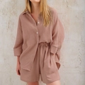 Ensemble détente deux pièces en crêpe de coton vieux rose avec chemise et short - S / Haut Et Bas / Beige