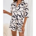 Damen Set aus Creme-Zweiteiler mit schwarzem abstraktem Muster und Satin-Finish - S / Weiße Basis Schwarz