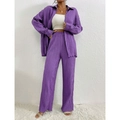 Women purple pleated long sleeve shirt and wide leg pants two-piece casual lounge set - S / Top And Bottom / Violet