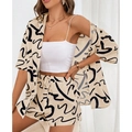 Zweiteiliges Damen-Set mit Hemd und Shorts, abstrakter Druck in Beige und Schwarz - S / Aprikose mit Schwarz
