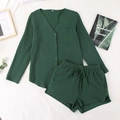 Women's dark green double gauze cotton pajamas set with long sleeves and shorts - Green