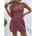 Gebreide loungeset met mouwloze crop top en korte broek met hoge taille in oudroze - S / koffiekleur