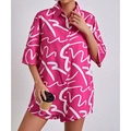 Women's pink oversized short sleeve shirt with white abstract graffiti print - S / Top And Bottom / Red with White