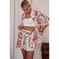Women's two-piece casual art print set with short sleeve shirt and drawstring shorts - White & Orange