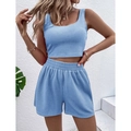 Ensemble 2 pièces femme bleu clair en maille côtelée avec crop top et short taille haute - S / Bleu clair