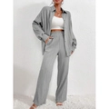 Women's 2-piece grey lounge set featuring pleated button-down shirt and wide-leg trousers - S / Top And Bottom / Light Gray