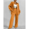 Women's two-piece casual set featuring a long sleeve pleated shirt and wide-leg trousers in orange - S / Top And Bottom / Orange