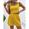 Ensemble 2 pièces femme en maille côtelée jaune avec haut court sans manches et short taille haute - S / Haut Et Bas / Jaune