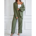Olive green pleated two-piece set featuring oversized shirt and wide-leg trousers - S / Top And Bottom / Army Green