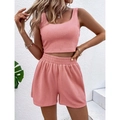Ensemble détente deux pièces en maille côtelée rose corail avec crop top et short taille haute - S / Rose