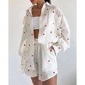 Women's white linen blend loungewear set with red heart embroidery and ruffled details - S / White
