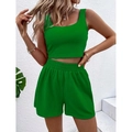 Ensemble détente femme en maille côtelée vert émeraude avec haut carrré et short large - S / Vert