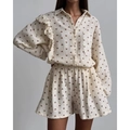 Cream linen loungewear set with brown heart prints and ruffled long sleeve details - S / Beige