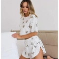 Completo relax bianco due pezzi da donna con stampa orsetto e tessuto traforato - S / Orso Cartone Animato (9001)
