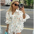 White linen home set with colorful heart prints and ruffled ruffles for women - S / Colorful