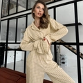 Ensemble homewear femme à carreaux avec haut boutonné à manches longues et pantalon - S / Abricot