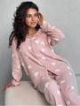 Pink cotton pajama set with white heart print featuring long sleeves and trousers - M / Pink