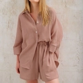Women's lounge set featuring long sleeve button shirt and shorts in dusty rose crepe fabric - Tan