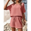 Damen-Zweiteiler aus Waffelstrick mit Kurzarm-Oberteil und Shorts mit Kordelzug - S / Rosa