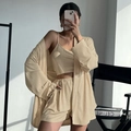Conjunto de tres piezas en punto acanalado con cárdigan largo, top y pantalones - S / Albaricoque