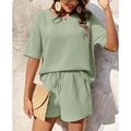 Damen Waffelstrick-Set in Hellgrün mit Rundhals-Oberteil und Shorts mit Kordelzug-Design - S / Obstgrün
