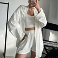 Conjunto lounge beige de 3 piezas en punto acanalado con cárdigan, top y pantalones cortos - S / Blanco