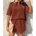 Ensemble deux pièces pour femme en maille gaufrée rouille avec haut et short à cordon - S / Haut Et Bas / Couleur caramel