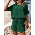 Ensemble gaufré vert foncé pour femme avec haut à manches courtes et short à cordon - S / Haut Et Bas / Vert