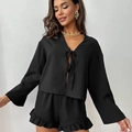 Ensemble détente noir pour femme avec haut à nouer et short à volants - S / Noir